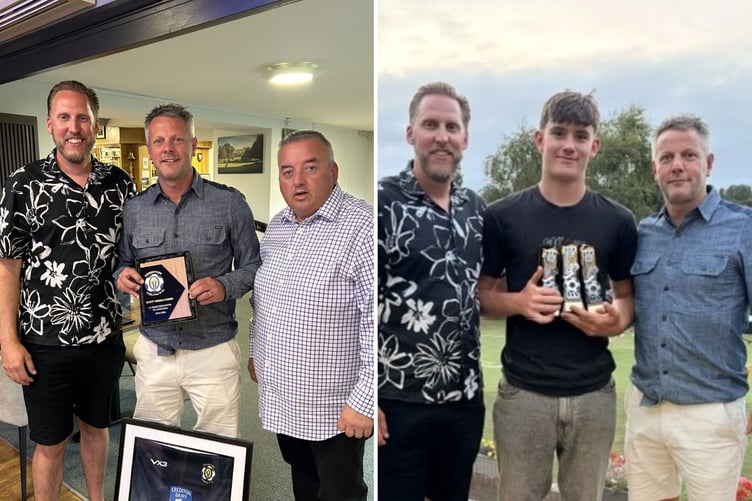 Fred Tonkins and Dennis Cavanagh with Scott, left, and Fred and Scott with Hayden Leach, right