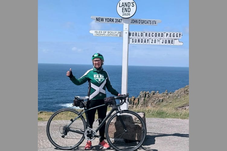 Peggy Crome when she completed her cycle from John O’Groats to Lands End.