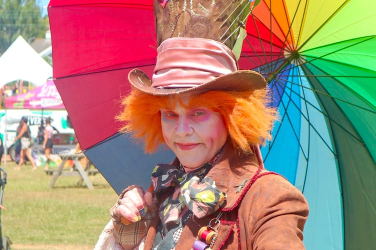 11 July 2026 Crediton Food Festival The Mad Hatter of Pocketwatch Theatre Co could be seen roaming around