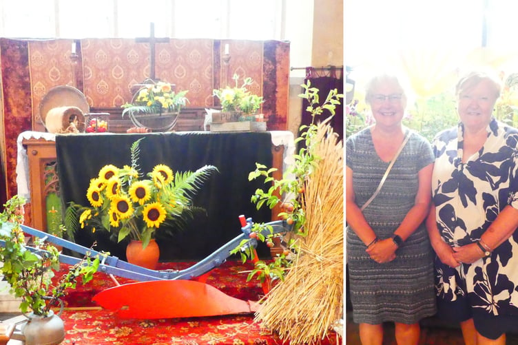 Some of the displays, left, and Lyn Robinson and Anne Gordon, right