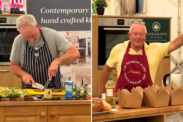 QE Community Cookery Hub Leader Wilf Richer, left, and volunteer Cllr Jim Cairney, right, took part in a cook-off in the demo tent. It was declared a draw