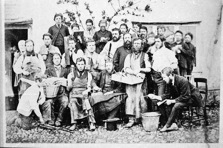 Stentiford men with the tools of their trade in front of North Star Inn, Zeal Monachorum in the 1890s. Photo from Janet Hiscocks
