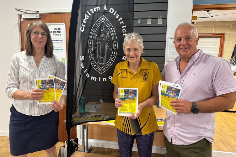 Crediton Swimming Club runs classes at Active Mid Devon (Lords Meadow) every day of the week except Mondays and Sundays. Pictured are Club Secretary Karen Paddon, Head Coach Jane Brimacombe and chairman Paul Saunders. AQ 5297