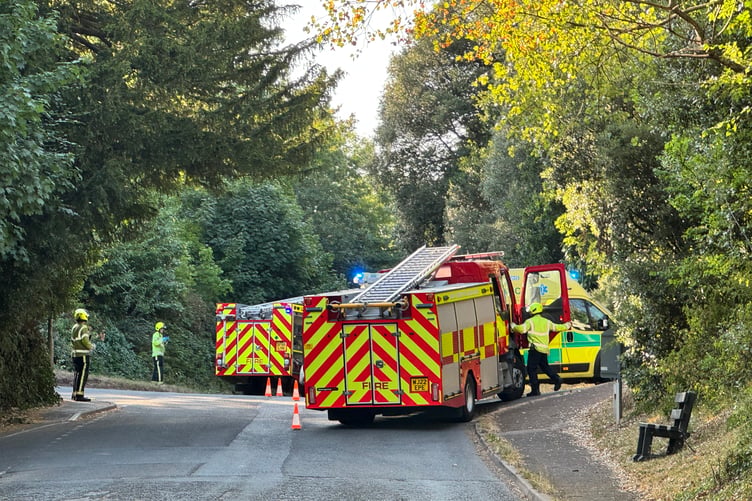 Emergency services at the scene of the road accident at Forches Cross. AQ 6193