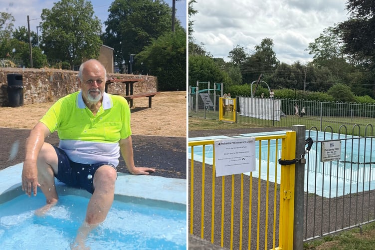 Town Mayor Steve Huxtable in the paddling pool in Newcombes Meadow, and a view of the pool.