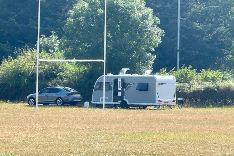 One of the traveller caravans near rugby posts in The Rec. AQ 6256