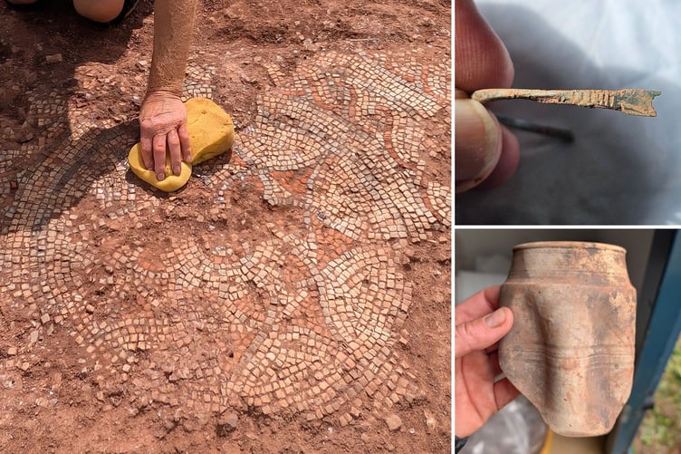 The mosaic, left, copper alloy bracelet, top right, and indented drinking cup, bottom right