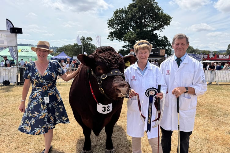 Mid Devon Show: John and Sue May of Crediton had the Champion Devon, winning the Crediton Courier award, plus the Reserve Supreme Champion with Devon bull Priorton Yeoman, judge Lisa Davey, left. AQ 6499