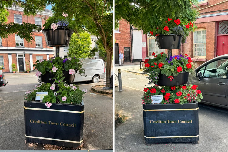 Two of the Town Council flower towers in Crediton Town Square. AQ 5494/5