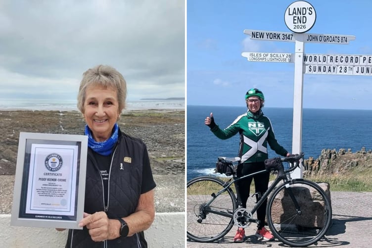 Peggy with her Guinness World Record certificate and when she completed her cycle ride.