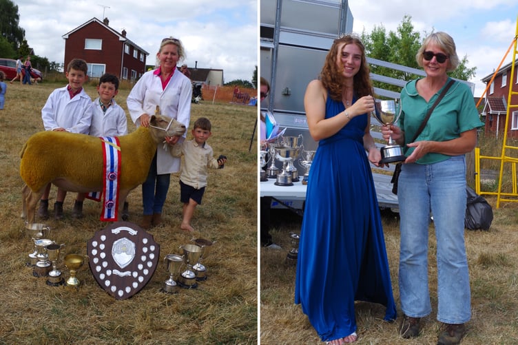 The Cup for Champion Best Sheep in Show went to Gwen Renfree’s beautiful Charollais Ewe, left, and right, the Fortescue Arms cup presented by Fair Queen Rosie Lucas Ridge to S A Meikle for the best pair of lambs.