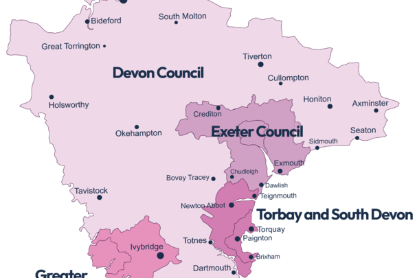 Map of the areas covered by the forthcoming Exeter, Devon, Torbay and South Devon, and Greater Plymouth councils
Local government reorganisation LGR