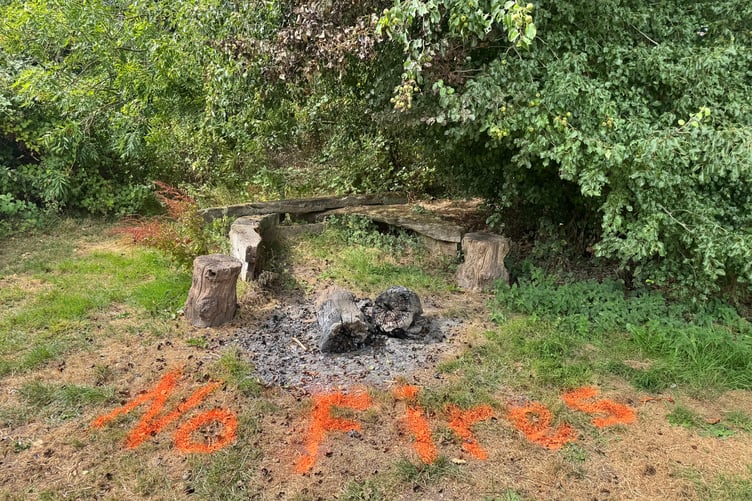 The firepit area, seating logs burned, scorched trees and sign warning of No Fires at Sandford Millennium Green. AQ 9207