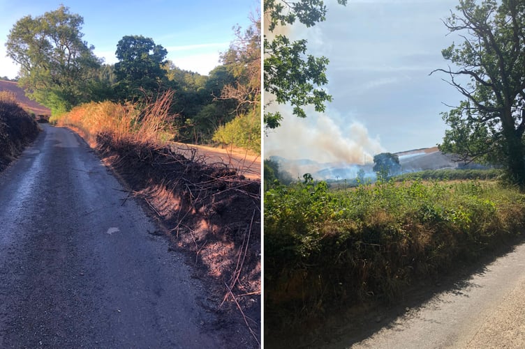 A burned hedgerow and field in the distance and right, smoke rising as the fire burns at Little Harford.