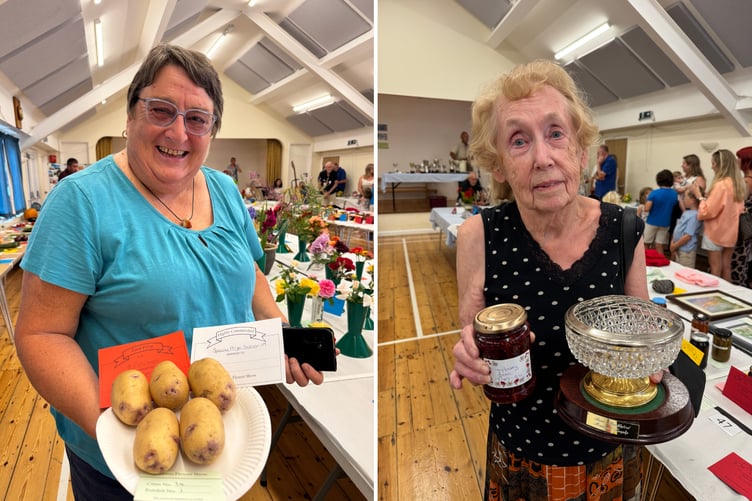 Elizabeth Daw won an award for her potatoes, S Gillard, right, receiving a trophy for her raspberry jam. AQ 9113/9146
