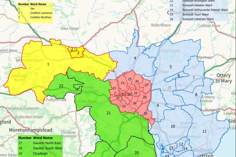 Crediton and Yeo in Yellow and Tedburn St Mary number 22 on the expanded Exeter map plan.