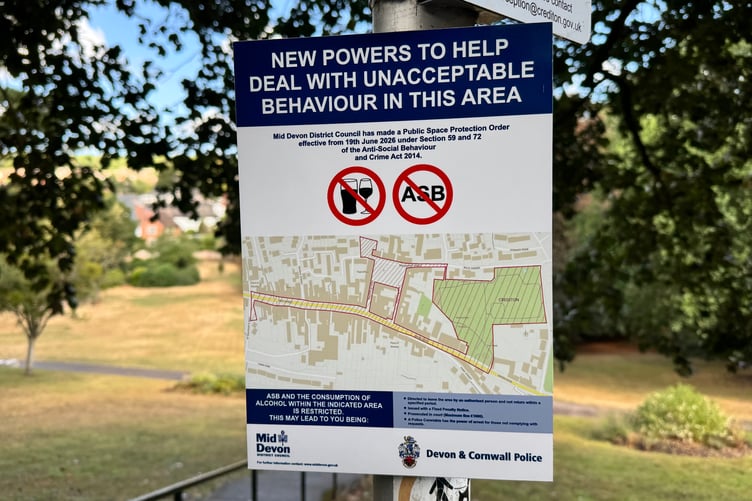 One of the Crediton Public Space Protection Order signs. AQ 9294
