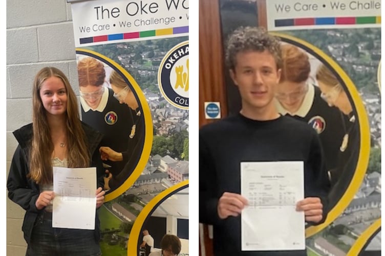 Florence Grayling and Vinnie Richards collecting their GCSE results at Okehampton College