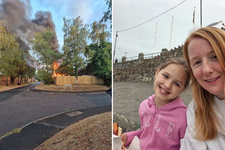 The fire in Broadclose, Thorverton and Natasha Farley and her daughter, right.