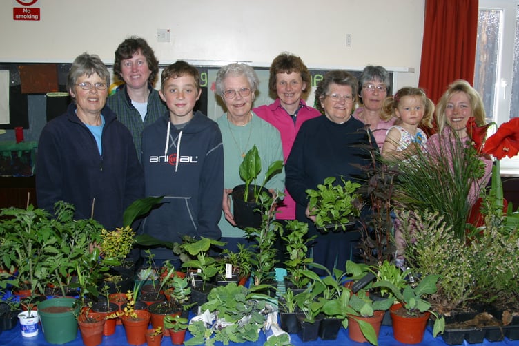 Helpers behind one of the plant stalls at Sandford's annual plant sale, with organiser Helen Lee, second left in May 2005. 262-6230_IMG