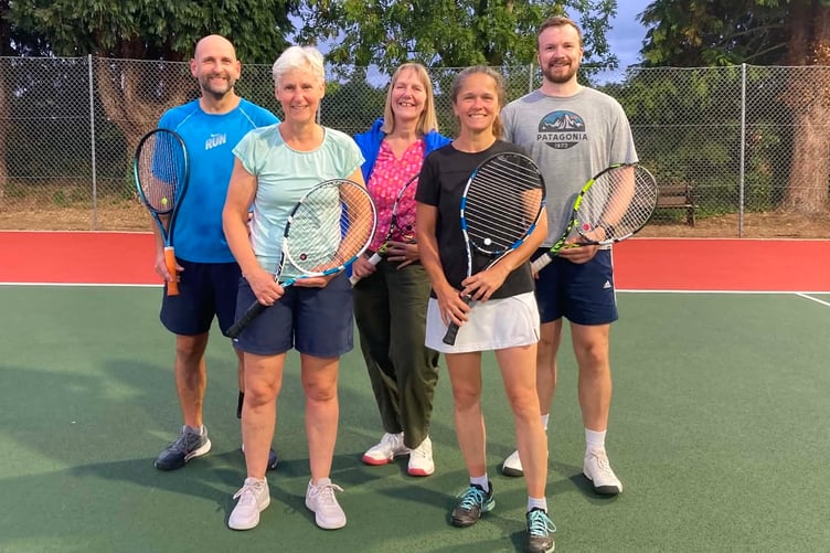 Some of Newton St Cyres Tennis Club’s key players, from left: Mac Grabowski, Wendy Grundy, Anita Hill (Ladies A captain), Jana Garnsworthy (Mixed A captain), Aidan Mason (Men’s captain).