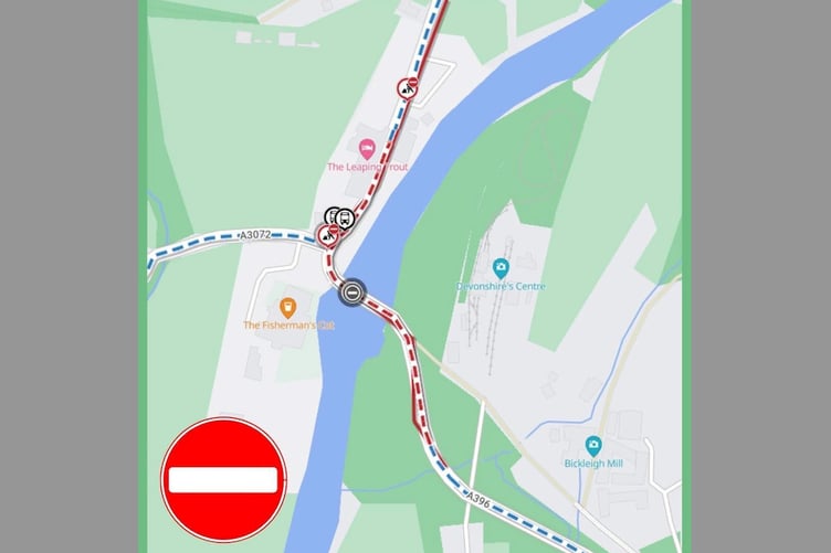 Where the A396 will be closed at Bickleigh.