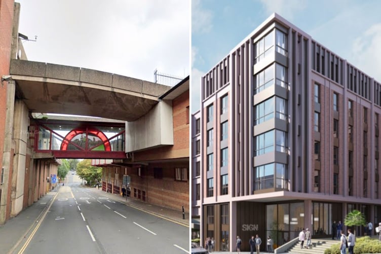 The Harlequin Centre in Exeter with its distinctive bridge, left, and the planned replacement