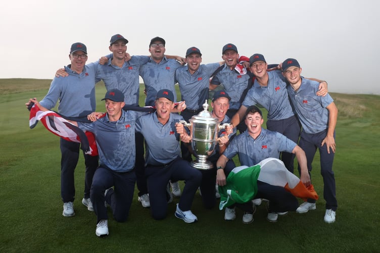 Eliot Baker from Tiverton, back row, third left, with the winning GB and Ireland team with the Walker Cup.