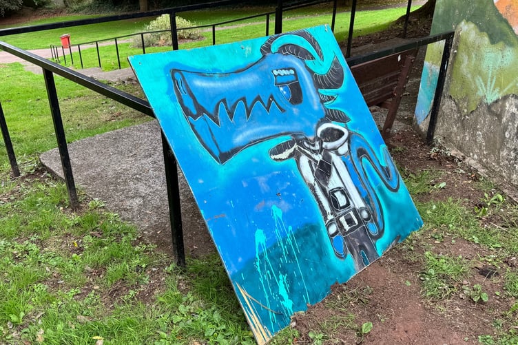 The graffiti art board which was removed from the toilet block in Newcombes Meadow, Crediton. AQ 0823