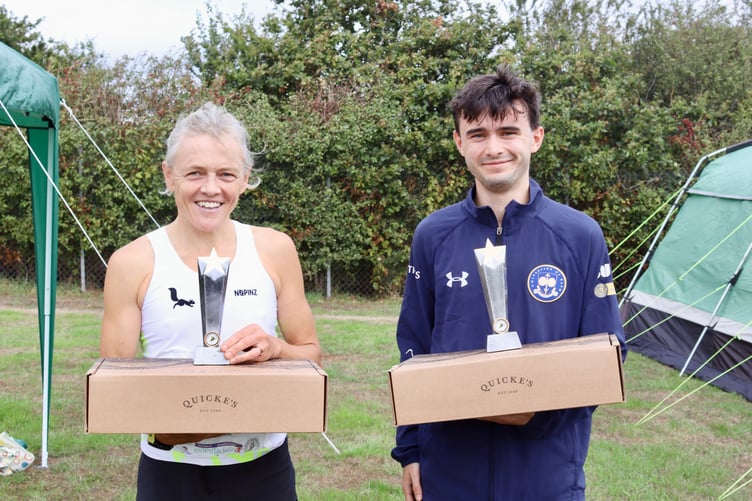 Fastest female Jo Meek and fastest male Michael Lambourne with their trophies and prizes