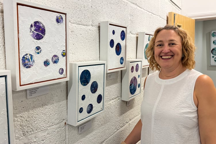 Frances Parkinson, Devon Open Studios Bursary winner, with some of her works on display at The White Room Creative Space, Crediton. AQ 0765