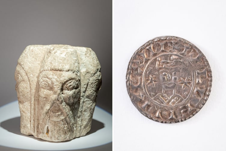 A stone column capital depicting a Norman soldiers' head and a silver penny of William I, minted in Exeter, both on display at RAMM, photos Simon Tutty