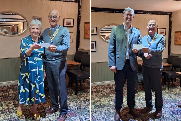 The Crediton Boniface Rotary Club President Paul Fallon presenting cheques to Margaret Gibson of Crediton Playscheme and Phillip Wolfgang of Age Concern Crediton.