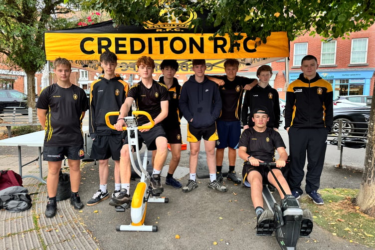 The Crediton RFC U16 boys who took part in the cycle and rowing challenge in Crediton Town Square. AQ 1141