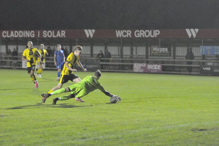 Crediton goalkeeper making a save
