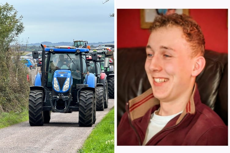 Tractors leaving Rudge Rew Farm and Nathan Saunders.