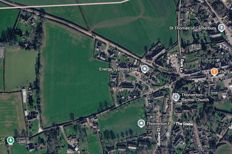 A satellite image of the proposed housing site (centre) in Thorverton for 66 homes (Image courtesy: Google Maps)