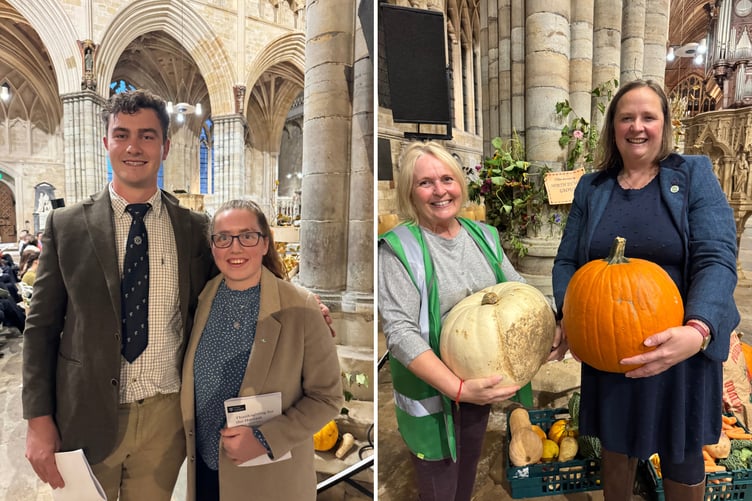 Harry Sprague, Devon YFC Vice Chairman with Junior Vice Chairman Sophie Pratt and right, Wendy Kearns, manager, Exeter Food Action, with YFC County Organiser Bridget Down with some of the donated items. AQ 2762 and 2878