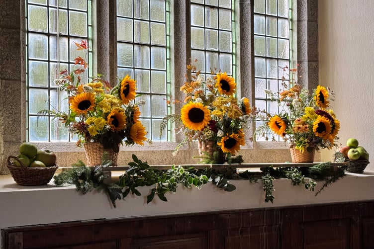 A harvest window at Spreyton Church. AQ 1783