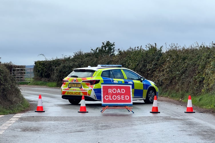 The police road closure on the Yeoford to Punchbowl Recycling Centre. AQ 3025
