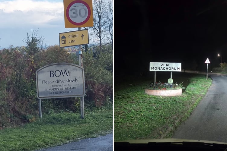 The Crockernwell sign was replaced with one from Bow, the Crediton sign replaced with one from Zeal Monachorum.